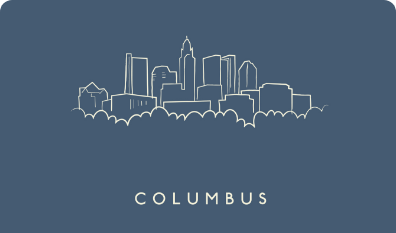 Etching of the Columbus city skyline with a blue background