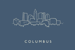 Etching of the Columbus city skyline with a blue background. Sandman Sleep's showroom is located in Columbus