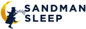 Sandman Sleep logo of a man silhouette blowing magical dust while sitting on a yellow moon.