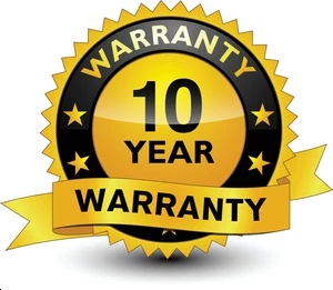 Image of a 10 Year Warranty Seal, gold with black lettering. Every Avocado EOC mattress comes with a 10 year warranty.