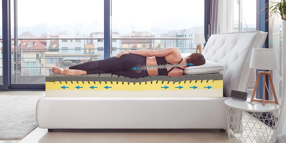 Woman laying on Magniflex Magnistretch mattress showing the spine stretching and decompressing as she sleeps.