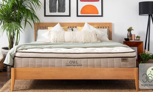 Nest Bedding Owl Natural Latex Hybrid Mattress in a bedroom setting with the 365 night trial image included
