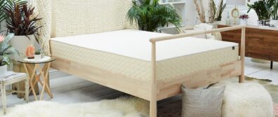 The EcoCloud by Wink in a tropical themed master bedroom suite with a natural wood platform bedframe. Wink's first entry into the natural latex mattress vertical, this hybrid is made with Natural Talalay latex.